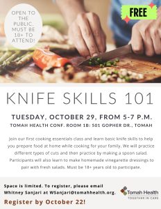 Cooking Essentials Class – Knife Skills 101 (Adults; 18+) – Oct. 2024 Flier